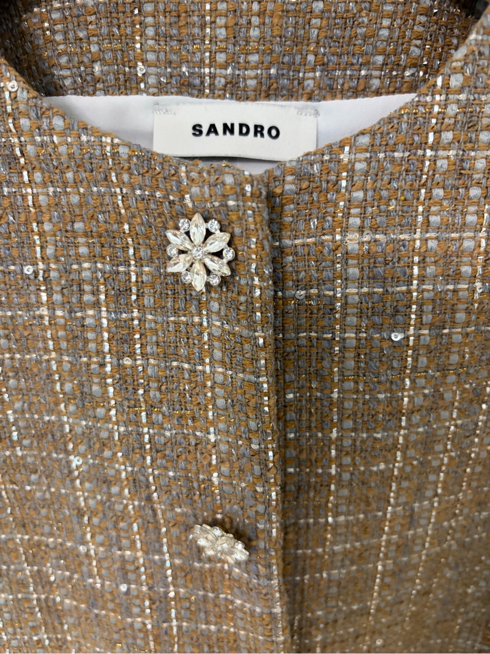 Sandro Brown Tweed Cropped Button Vest with Floral Accents - Picture 2 of 5